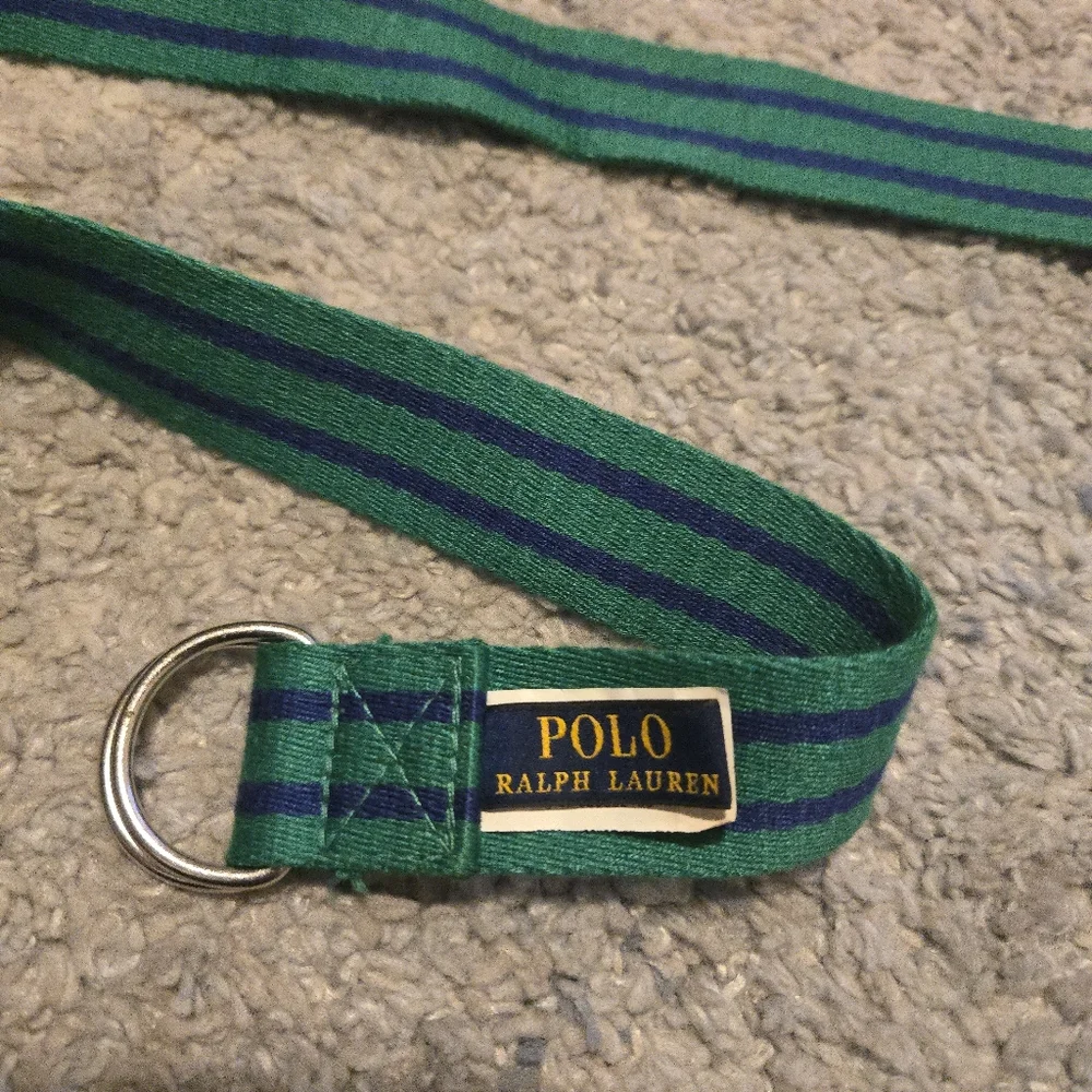 Polo Ralph Lauren D-Ring Webbing Belt Green Blue Striped Canvas Size 8